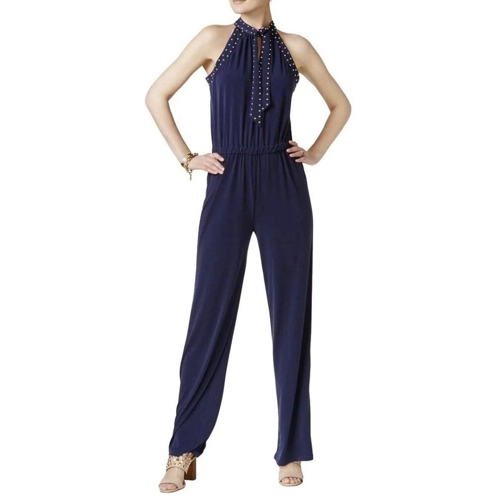 Michael Kors Navy Embellished Studded Trim Front Tie Neck Classy Jumpsuit XS 2